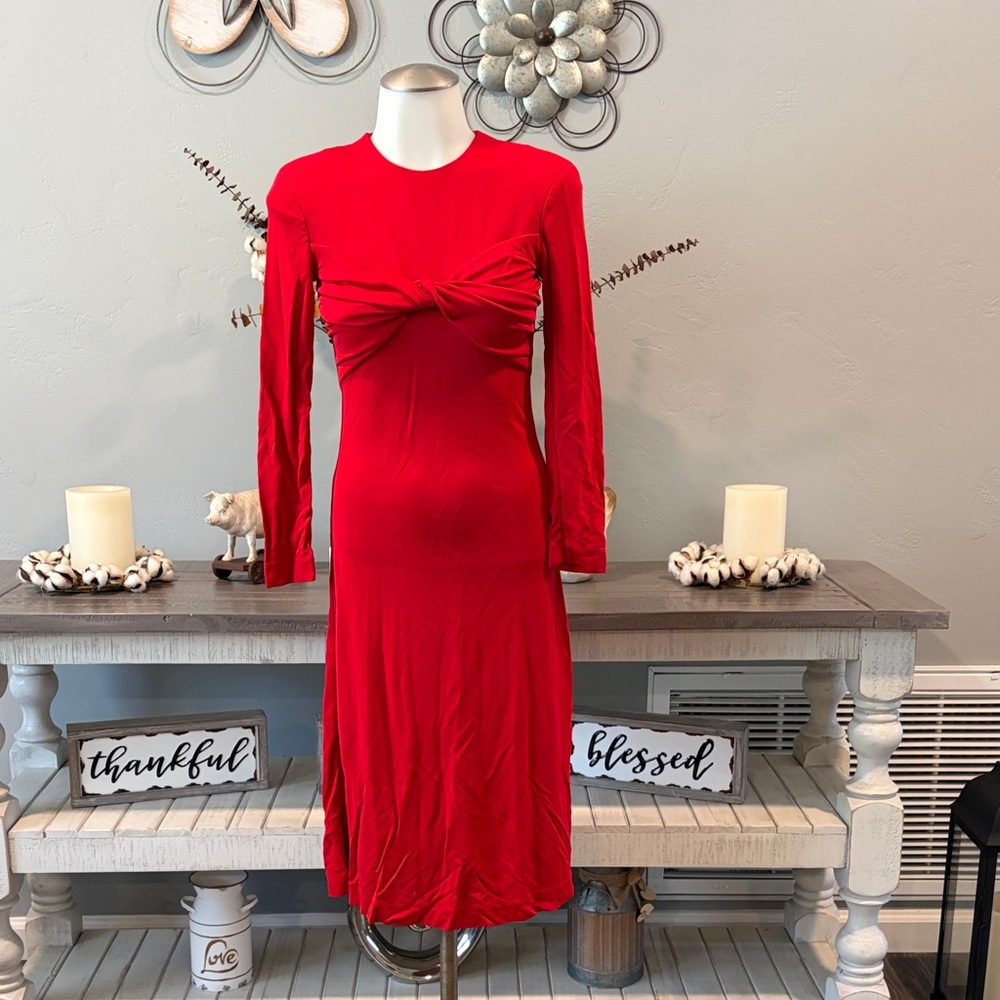 FARM Rio Red Long-Sleeve Twist-Front Midi Dress